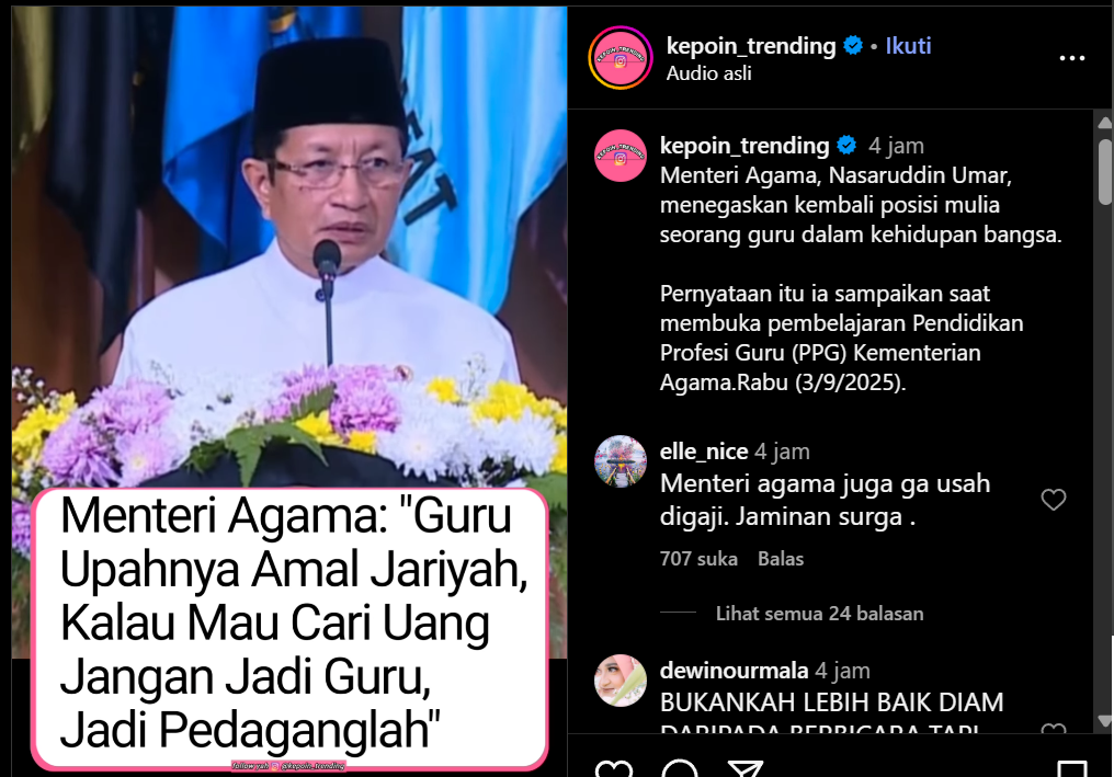 Menag Nasaruddin Umar soal gaji guru (Instagram)